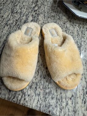 UGG Plush Shearling Slide Slippers in Cream